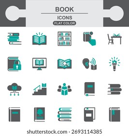 A complete set of flat color book and reading icons. Perfect for websites, mobile apps, or educational materials about knowledge and study.