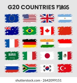 A complete set of G20 countries flags presented with a modern splash-style grunge border. Ideal for infographic use, presentations, international events, or educational materials