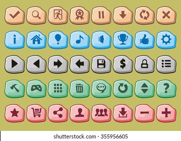 complete set of game interface buttons, app icons with different colour
