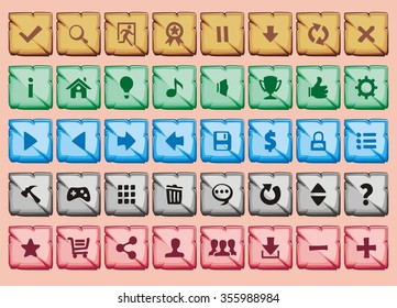 complete set of game interface buttons, full colour app icons and buttons