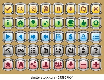 complete set of game interface buttons, full colour app icons and buttons