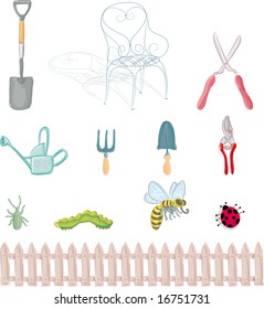 Complete set of gardening objects and insects.