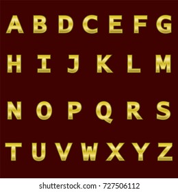 A complete set of gold  3D letters with a grid relief. The edges of the letters are not rounded. Font is isolated by a dark red background.  Vector illustration.