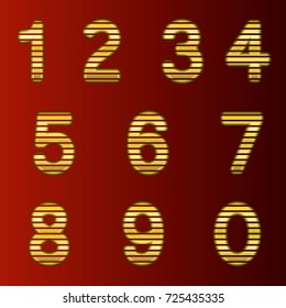 A complete set of gold  3D numbers cut into straight strips. The edges of the numbers are rounded. Font is isolated by a dark red background.  Vector illustration.