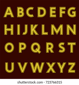 A complete set of gold letters with a relief surface. The edges of the letters are made with thin wire. Font is isolated by a dark red  background. Letters are made in 3D shapes. Vector illustration.