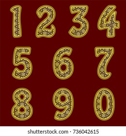 A complete set of gold numbers with lace mesh. The edges of the numbers  are made with thin wire. Font is isolated by a dark red  background. Numbers  are made in 3D shapes. Vector illustration.