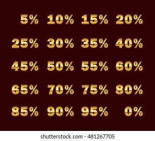 Complete set of golden percent tags for sales and discounts