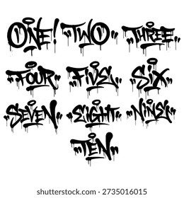 Complete set of graffiti numbers from 1 to 10. Hand drawn urban street art tag collection for hip hop branding, typography design, and creative graphic elements.