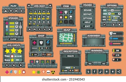 Conjunto completo de interface gráfica do usuário (GUI) para construir videogames 2D