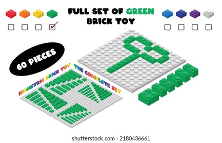 The complete set of GREEN 3d children brick toy in isometric style. Plastic building blocks toy vector illustration isolated on white. Square building brick toy flat design. Plastic brick toy set