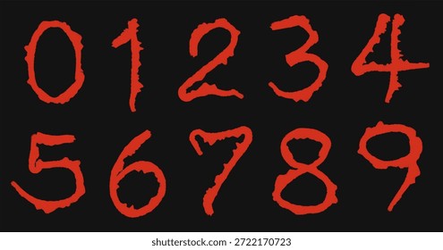 Um conjunto completo de números escritos à mão de 0-9 desenhado com uma estética de horror aterrorizante. o número pluma a cor vermelho-sangue vibrante com uma textura angustiada e arranhada que se destaca contra um fundo preto sólido. perfeito para o tema de halloween.