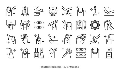 Complete set of hardware manicure and pedicure in thin outline style with editable stroke. Designed for beauty salon branding, nail technician education, and professional supply advertising.