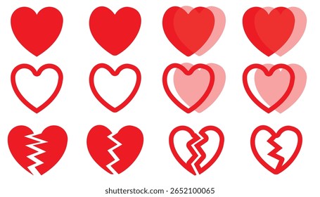 Um conjunto completo de ícones cardíacos em vários estilos: sólido, contorno, sobreposto e quebrado. Ideal para UI UX, aplicativos móveis, plataformas de namoro e projetos de conceito emocional.

