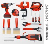 Complete set of high-quality steel hand tools arranged neatly, featuring screwdrivers, spanners and cutting pliers. Perfect for illustrating repair manuals, workshop equipment