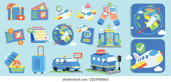 A complete set of icons related to tourism and travel