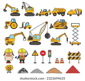 Complete set Illustration vector of construction machines children style or cartoon style. Incredible heavy machinery vehicles specially designed to execute construction tasks. Good for children books