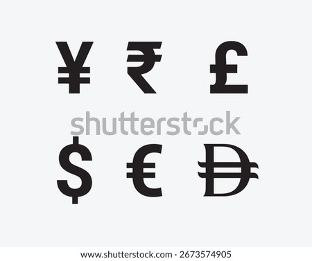 A complete set of international currency signs including dollar, euro, pound, yen, rupee, and crypto symbols in vector EPS format. Perfect for finance, banking, forex, and business design