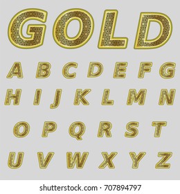 A complete set of Latin gold  letters with a lace mesh inside. Font is isolated by a grey background. Letters are made in 3D shapes with smooth edges.  Floral ornament. Vector illustration.