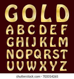 A complete set of Latin letters with gold striped surface. Font is isolated by a velvety dark crimson background. Vector illustration.
