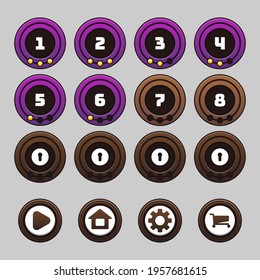 Complete set of level button game pop-up, icon, window and elements for creating medieval RPG video games
