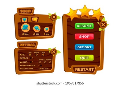 Complete set of level button game pop-up, icon, window and elements for creating medieval RPG video games
