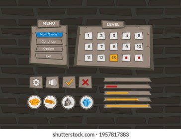 Complete set of level button game pop-up, icon, window and elements for creating medieval RPG video games