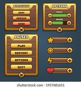 Complete set of Menu button game pop-up, icon, window and elements for creating medieval RPG video games