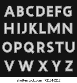 A complete set of metal letters with a relief surface. The edges of the letters are made with thin wire. Font is isolated by a black background. Letters are made in 3D shapes. Vector illustration.