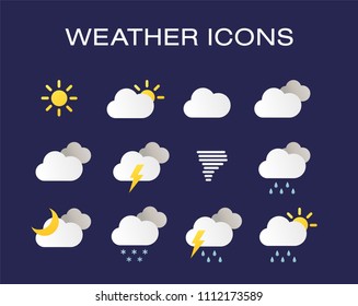 Complete set of modern realistic weather icons. Modern weather icons set. Flat vector symbols on dark background.