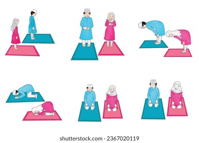 Complete Set of Muslim Prayer Position Guide Step by Step Perform by Boy and Girl Vector Illustration 