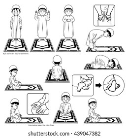 Complete Set of Muslim Prayer Position Guide Step by Step Perform by Boy Outline Version Vector Illustration