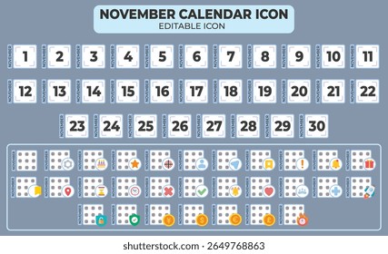 Complete set of November calendar icons featuring customizable date reminders and event trackers