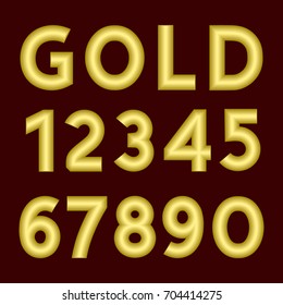 A complete set of numbers made from gold  thick wire with a matte surface. Font is isolated by a velvety dark crimson background. Numbers  are made in 3D shapes with smooth edges. Vector illustration.