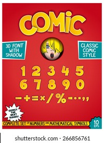 Complete set of numbers and mathematical symbols in comic style. Retro design as magazine cover. Vector CMYK