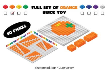 The complete set of ORANGE 3d children brick toy isometric style. Plastic building blocks toy vector illustration isolated on white. Square building brick toy flat design. Plastic brick toy set