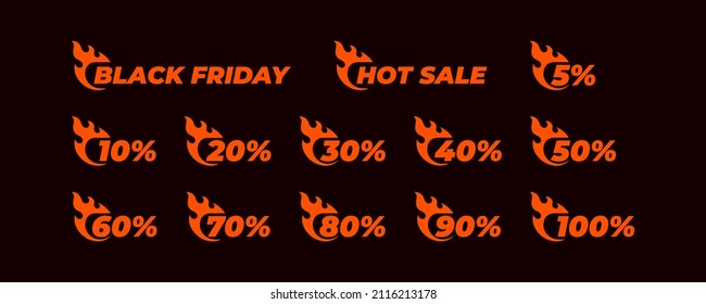 Complete set of orange fire tags in black background for sales and discounts. Insсriptions: black friday, hot sale, 5% 10% 20% 30% 40% 50% 60% 70% 80% 90% 100%