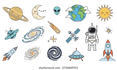 Complete set of outer space themed icons and doodles including planets, moon, astronaut, alien, rocket ship, and distant galaxies.