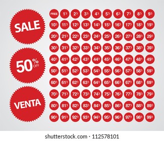 Complete set of percentages off stickers with words sale and venta.