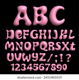 A complete set of Pink Bubble Balloon font in Y2K style. Barbiecore, Bubbly glossy 3D vector letters, numbers, and punctuation marks isolated on a black background.