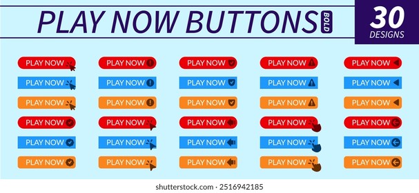 Complete set of play now buttons with hand pointer, arrow pointer and other related icons in bold design