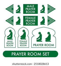 Um conjunto completo de ícones da sala de oração. Ilustração do vetor da área de oração muçulmana. Símbolo e Sinal de Salat Place. Modelo de logotipo de atividades islâmicas. Vetor EPS editável.