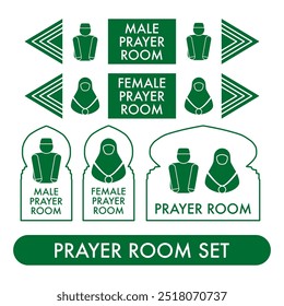 A complete set of Prayer Room Icons. Muslim Praying Area Vector Illustration. Salat Place Sign and Symbol. Islamic Activities Logo Template. Editable EPS Vector.