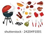 A complete set of products and accessories for BBQ. Indulge in premium meats, from juicy steaks to juicy burgers, and light up the flavors. Vector illustration of picnic supplies.