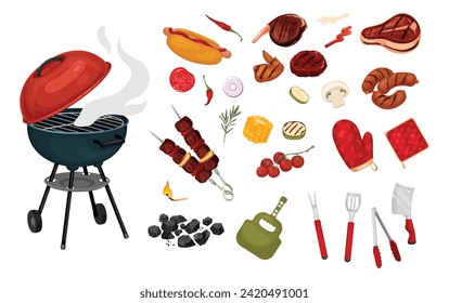 A complete set of products and accessories for BBQ. Indulge in premium meats, from juicy steaks to juicy burgers, and light up the flavors. Vector illustration of picnic supplies.