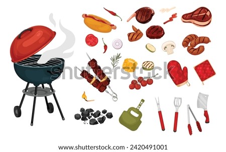 A complete set of products and accessories for BBQ. Indulge in premium meats, from juicy steaks to juicy burgers, and light up the flavors. Vector illustration of picnic supplies.