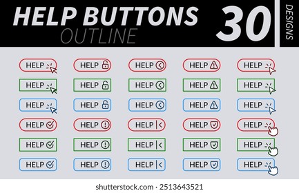 Complete set of professional help buttons with hand pointer, arrow pointer and other related icons with outline design