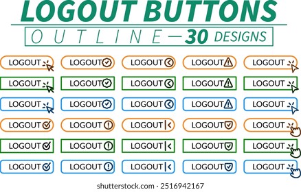 Complete set of professional logout buttons with hand pointer, arrow pointer and other related icons in outline design