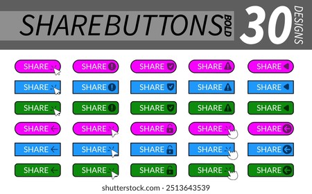 Conjunto completo de botões de compartilhamento profissional com ponteiro de mão, ponteiro de seta e outros ícones relacionados em negrito design