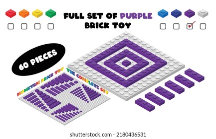 The complete set of PURPLE 3d children brick toy in isometric style. Plastic building blocks toy vector illustration isolated on white. Square building brick toy flat design. Plastic brick toy set