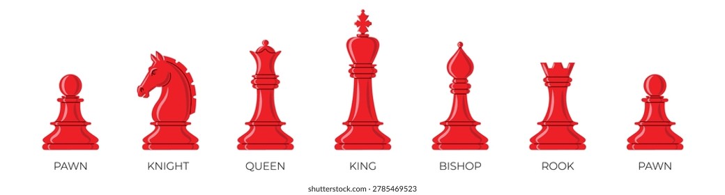 Complete set of red chess piece icons in flat style. Includes king, queen, bishop, knight, rook, and pawn. Perfect for game design, strategy concepts, and educational materials.